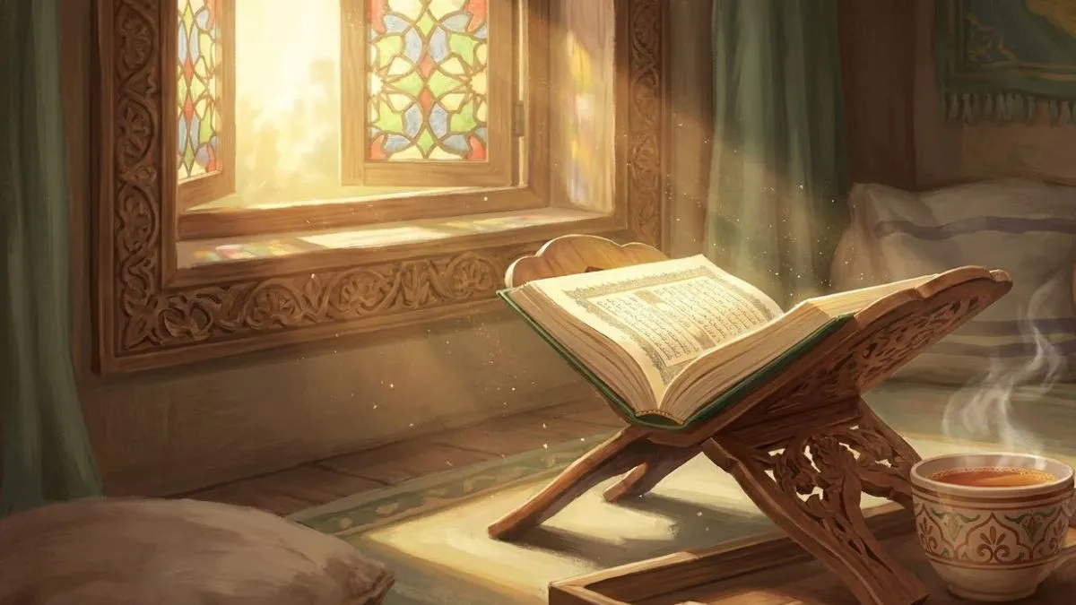 Digital painting of an open Quran on a rehal, lit by morning sun